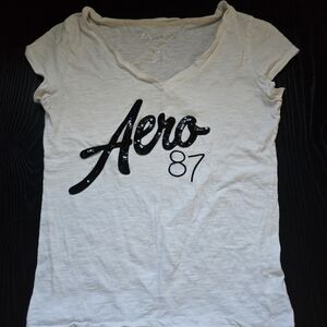 Aeropostale White V-Neck 'Aero 87' Sequin Logo Tee